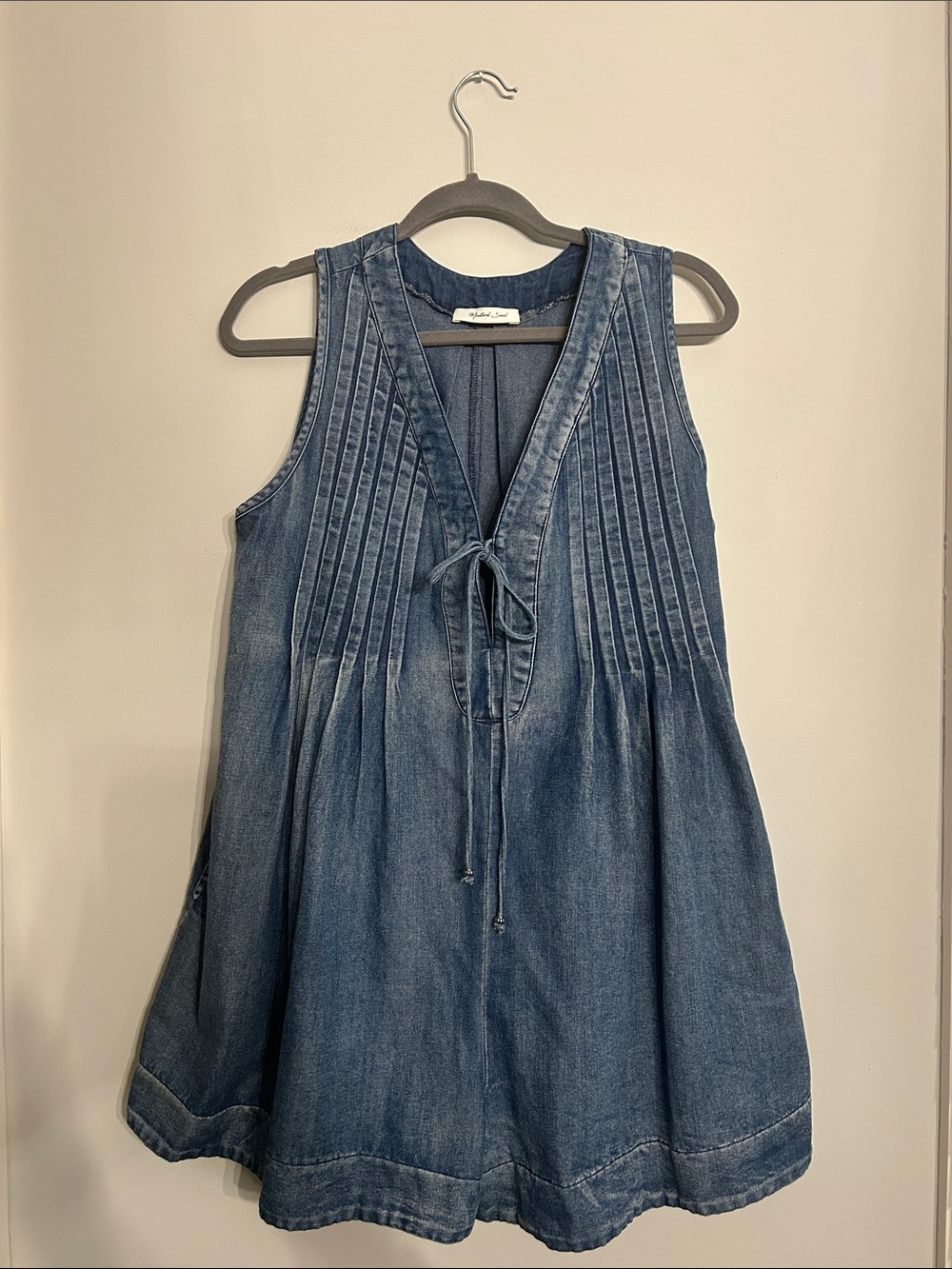 Mustard Seed Denim Sleeveless Pintuck Tie-Front Romper - Blue